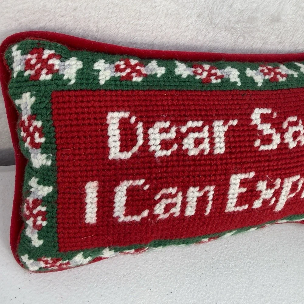 Dear Santa I Can Explain Needlepoint Pillow Red Green Peppermint Candy Christmas